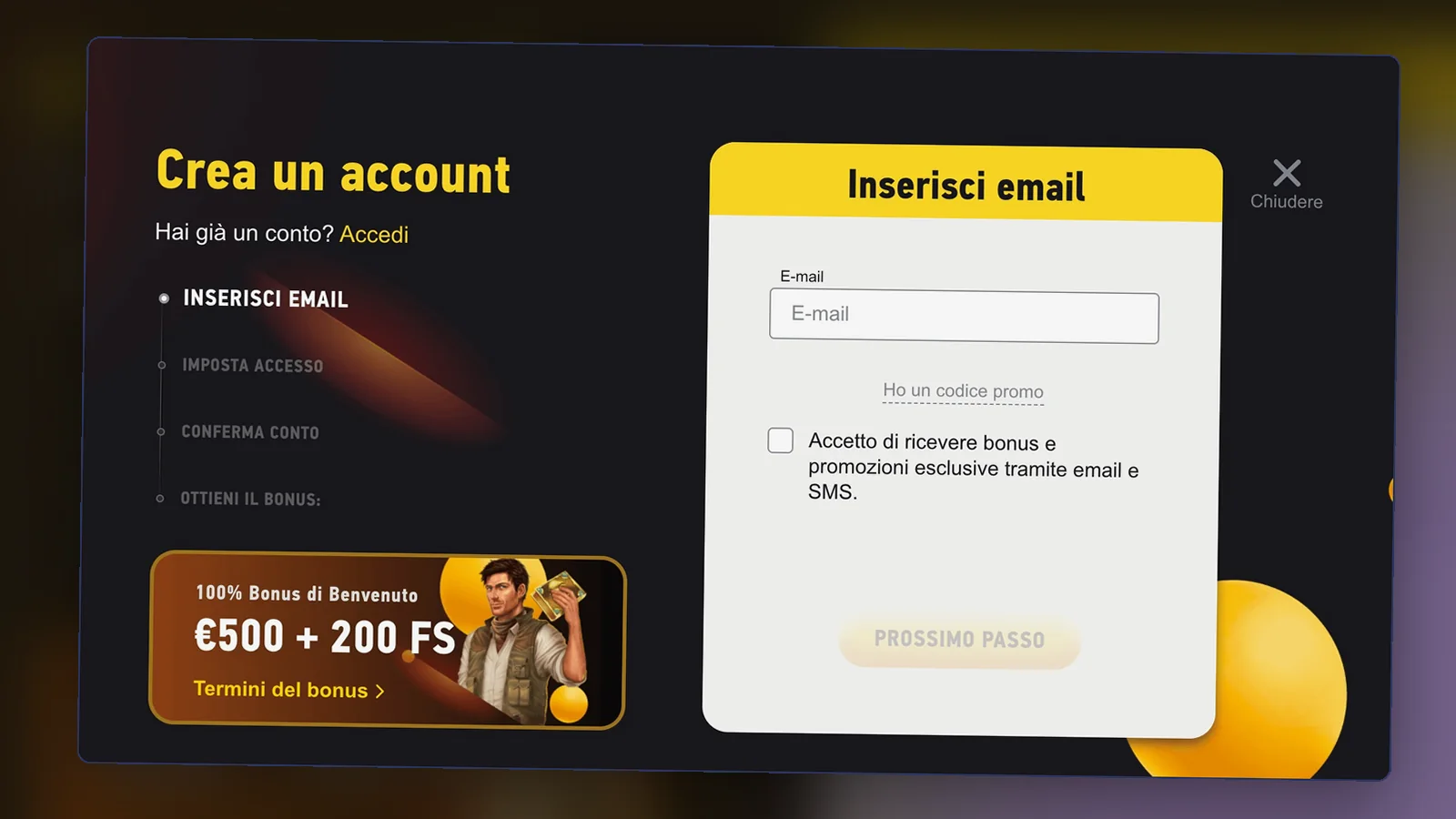 Modulo di registrazione e area account con la richiesta documenti