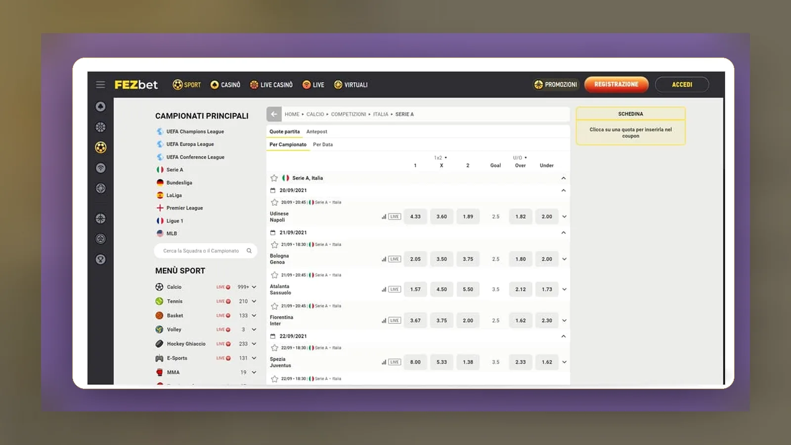 Lobby dei giochi con filtri per slot, live e provider