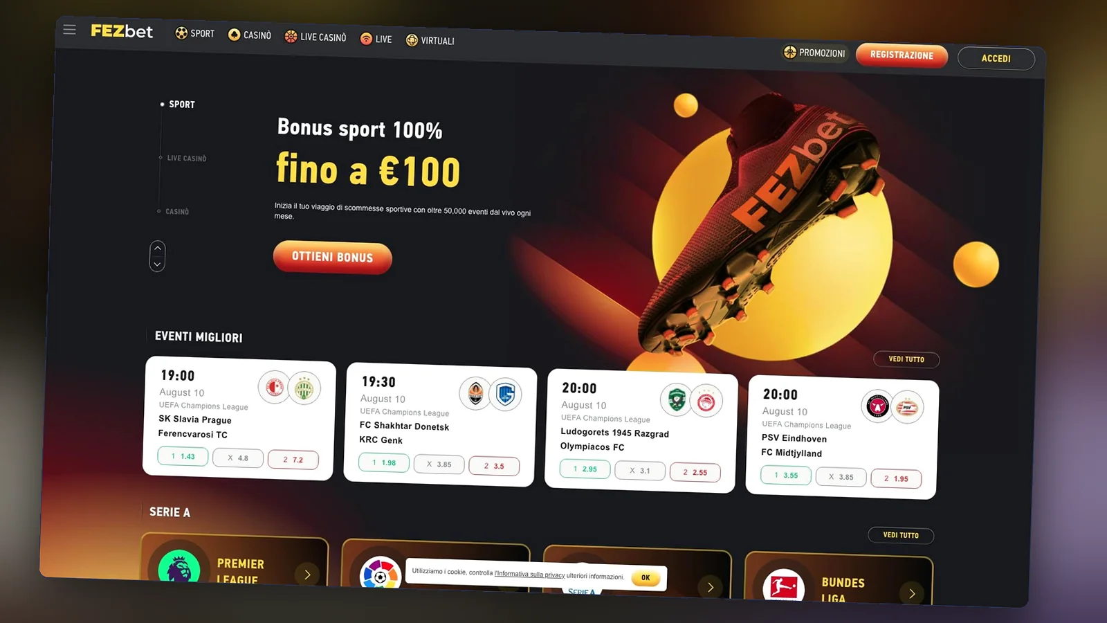 Elenco delle partite live con quote e mercati principali