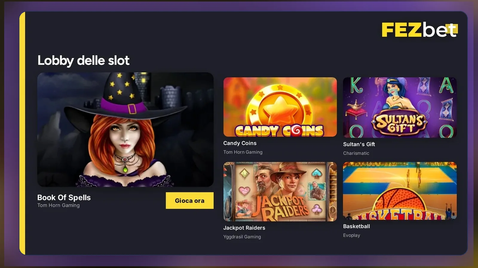 Lobby slot con filtri per provider e contatore dei giochi